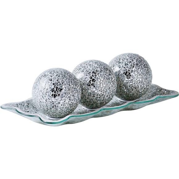 12.4” Mosaic Glass Decorative Tray Dish Plate with 3pcs 3" Decorative Orbs Balls - Picture 1 of 6